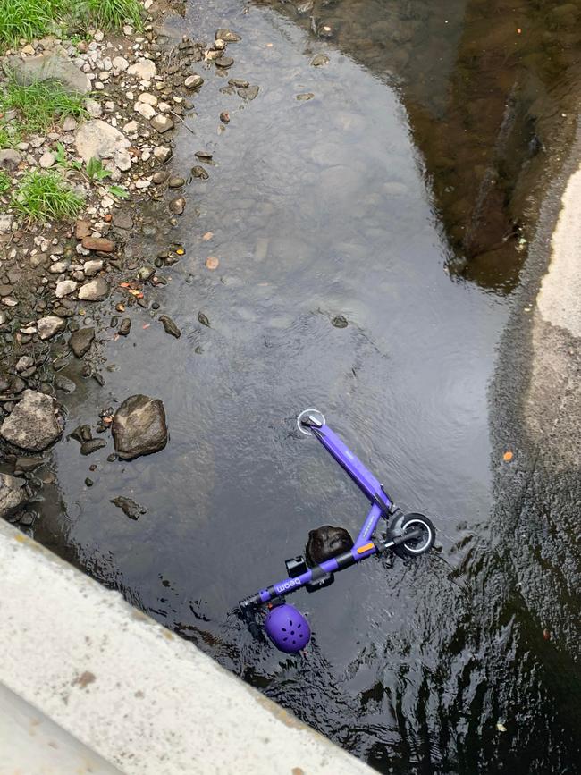 A Beam e-scooter was found dumped in the Hobart Rivulet over the weekend. Picture: Supplied