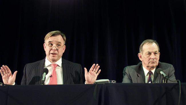 John Stewart with then National Australia Bank chairman Charles Allen at press conference in Melbourne in February 2004. Picture: Brett Hartwig.