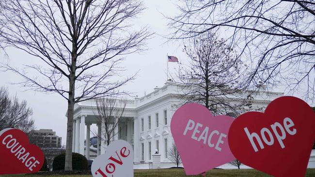 The surprise Valentine's Day display Jill Biden assembled on the White House North Lawn. Picture: AFP.