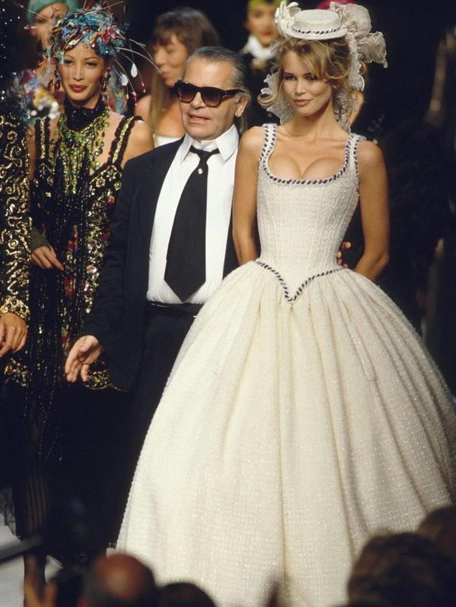 Claudia Schiffer in the dress with designer Karl Lagerfeld. Picture: Supplied