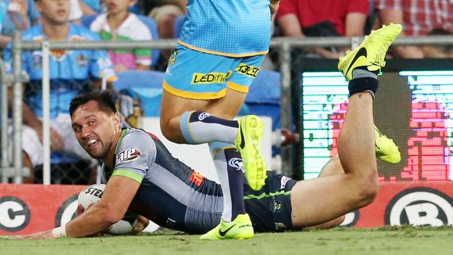 NRL Titans v Raiders at Cbus Super Stadium. Canberra Raiders Jordan Rapana scores a try. Picture: NIGEL HALLETT