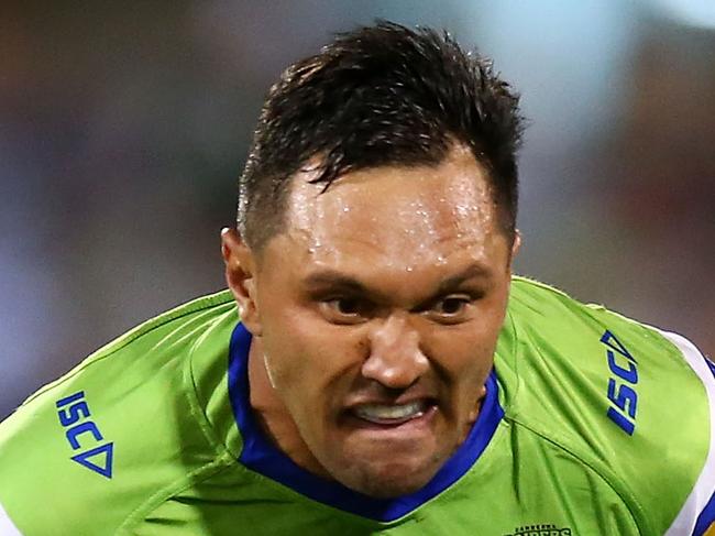 CANBERRA, AUSTRALIA - APRIL 05:  Jordan Rapana of the Raiders is tackled during the round five NRL match between the Canberra Raiders and the Canterbury Bulldogs at GIO Stadium on April 5, 2018 in Canberra, Australia.  (Photo by Mark Nolan/Getty Images)