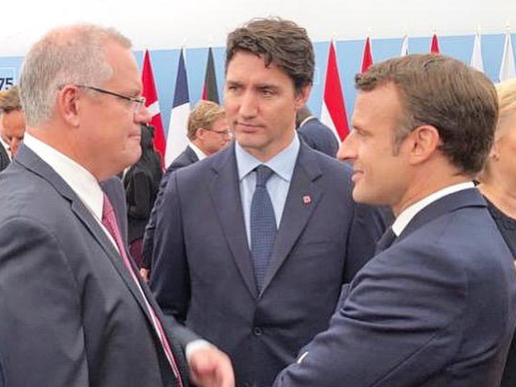 Scott Morrison, Canadian PM Justin Trudeau and French President Emmanuel Macron commemorate the 75th anniversary of D-Day, in Portsmouth, Britain. Source: Supplied