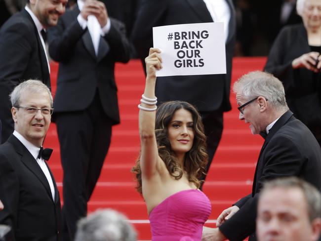 International pressure: Actress Salma Hayek at the Cairns film festival, supporting #bringbackourgirls campaign for release of abducted Nigerian schoolgirls. AP Photo/Thibault Camus