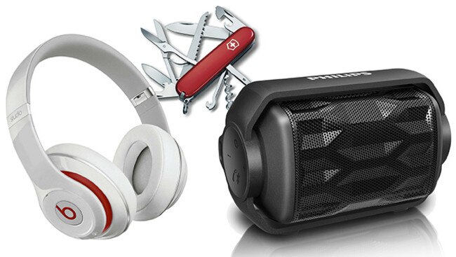 Beats by Dre headphones, Victorinox Huntsman Swiss Army knife, Philips Wireless Portable speaker.