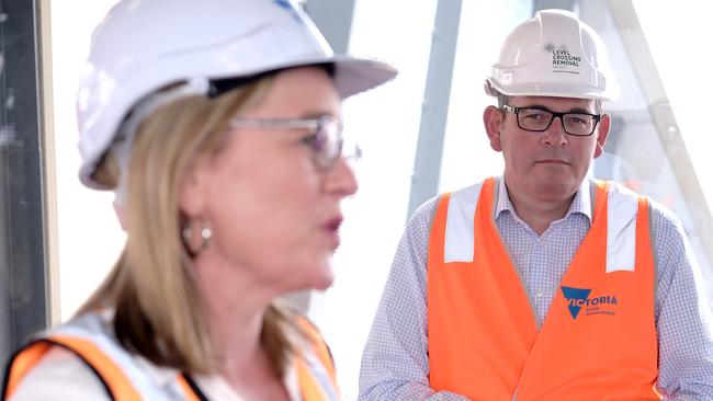 Minister for Transport Infrastructure Jactina Allan with Premier Daniel Andrews at Bonbeach station. Picture: Luis Enrique Ascui