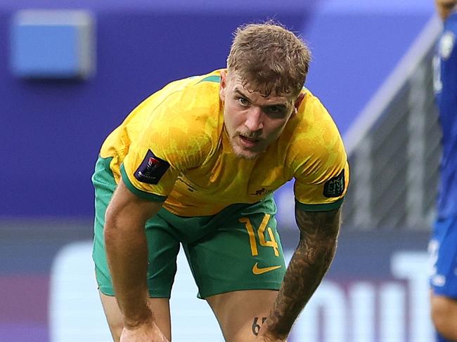 AL WAKRAH, QATAR - JANUARY 23: Riley McGree of Australia reacts after a missed chance during the AFC Asian Cup Group B match between Australia and Uzbekistan at Al Janoub Stadium on January 23, 2024 in Al Wakrah, Qatar. (Photo by Robert Cianflone/Getty Images)