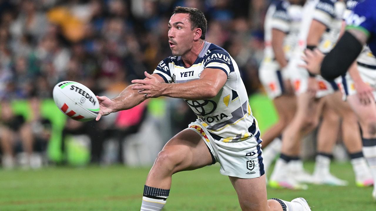 Reece Robson of the Cowboys passes the ball during the round nine NRL match between the New Zealand Warriors and North Queensland Cowboys at Suncorp Stadium on May 03, 2025, in Brisbane, Australia. (Photo by Bradley Kanaris/Getty Images)