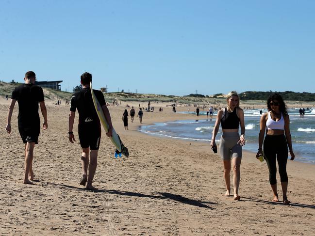 05/04/2020. Cronulla beach, Sydneys longest (4.8km) is one of the last beaches still open. Manly and most other northern beaches closed today due to overcrowding (500+) and lack of social distancing enforced by the government due to the C-19 pandemic.  Jane Dempster/The Australian.