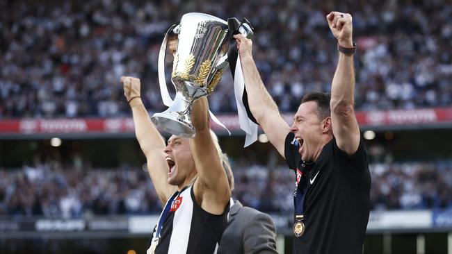 Magpies captain Darcy Moore and head coach Craig McRae celebrate victory. Picture: Getty Images