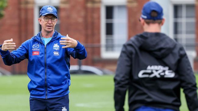 New coach David Noble takes charge at North Melbourne training. Picture: Ian Currie