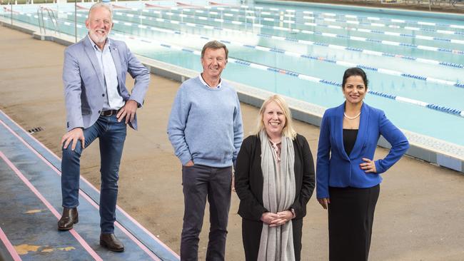 Hills Shire Councillors Brooke Collins, Alan Haselden, Mayor Michelle Byrne and Reena Jehti at Waves Aquatic Centre at Baulkham Hills. Picture: Troy Snook