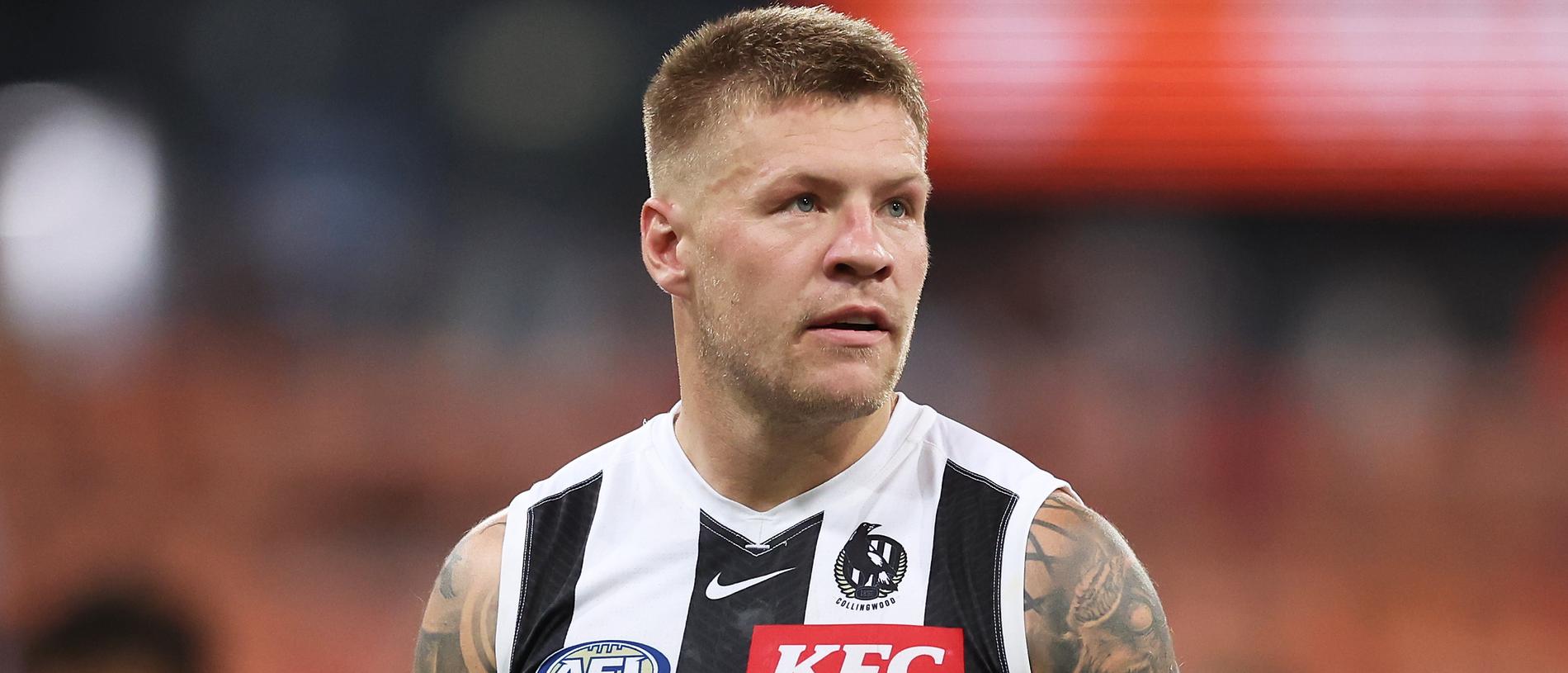 SYDNEY, AUSTRALIA - MARCH 09:  Jordan De Goey of the Magpies and team mates look dejected after the AFL Opening Round match between Greater Western Sydney Giants and Collingwood Magpies at ENGIE Stadium, on March 09, 2024, in Sydney, Australia. (Photo by Matt King/AFL Photos/via Getty Images )