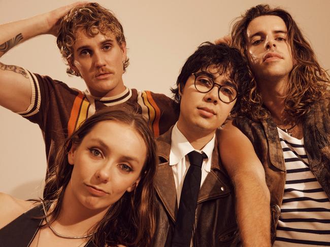 ***EXCLUSIVE FOR THE AUSTRALIAN***Fremantle indie rock band Spacey Jane, whose third album 'If That Makes Sense' was released in 2025. L-R: Caleb Harper (back), Peppa Lane (front), Kieran Lama and Ashton Hardman-Le Cornu. Picture: Cole Barash