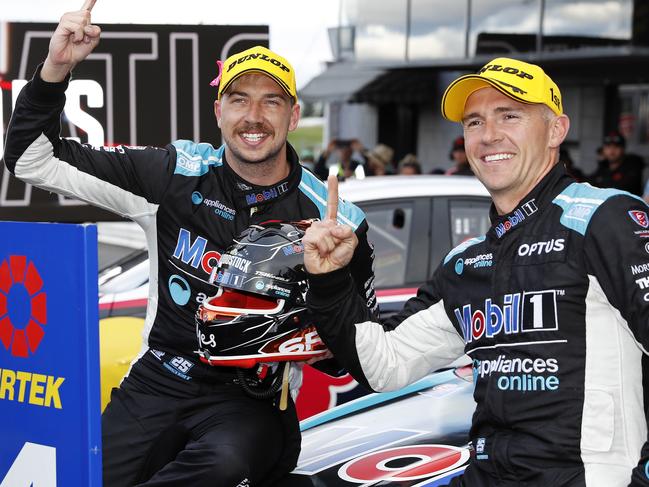 DAILY TELEGRAPH. DECEMBER 5, 2021.Pictured is Chaz Mostert and Lee Holdsworth celebrating after winning the Repco Bathurst 1000 at Mount Panorama today. Picture: Tim Hunter.