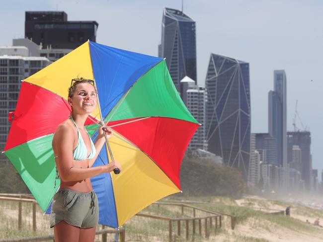 Say goodbye to sunshine for now as rain and stormy weather is forecast for the Gold Coast for the remainder of the week. Up to 45mm is expected on Thursday. Being from Melbourne,  tourist Kayla Janides 18 is ready for all sorts of weather. picture Glenn Hampson