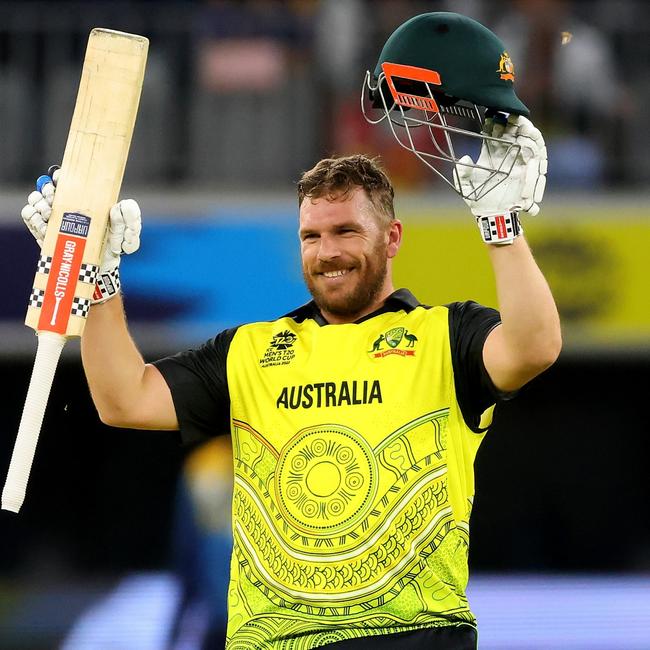 Aaron Finch is all smiles after the winning runs against Sri Lanka.