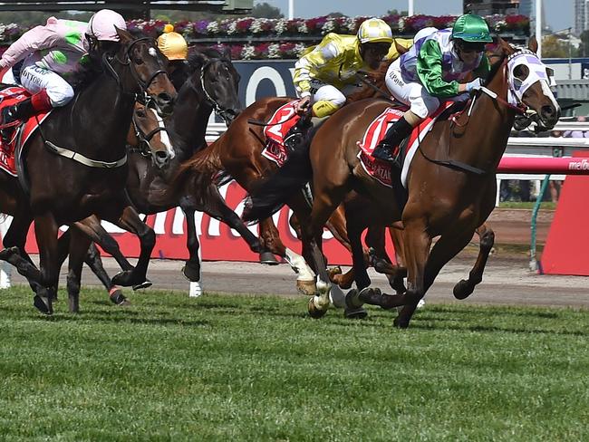 Jockey Michelle Payne thunders ahead of the field on Prince of Penzance to win the Melbourne Cup.