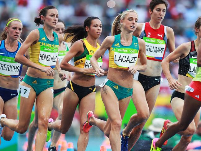 Australia’s Madeline Hener Hills and Genevieve LaCaze in the Women’s 3000m Final during the Athletics at the Olympic Stadium at the Rio 2016 Olympic Games. Picture: Phil Hillyard