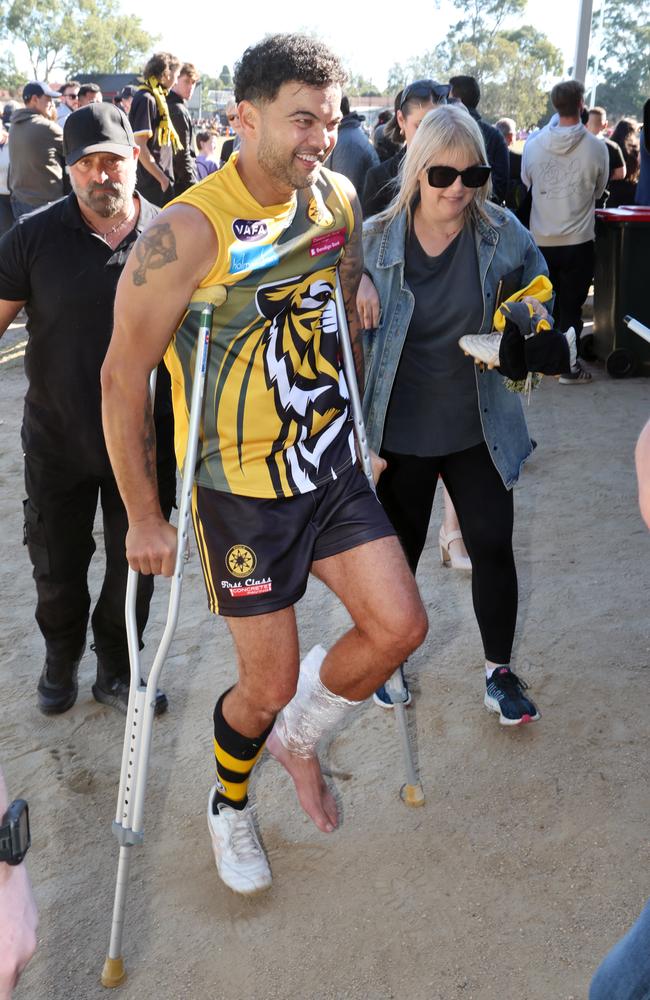 Sebastian’s day ended early with a potentially serious injury. Picture: David Crosling