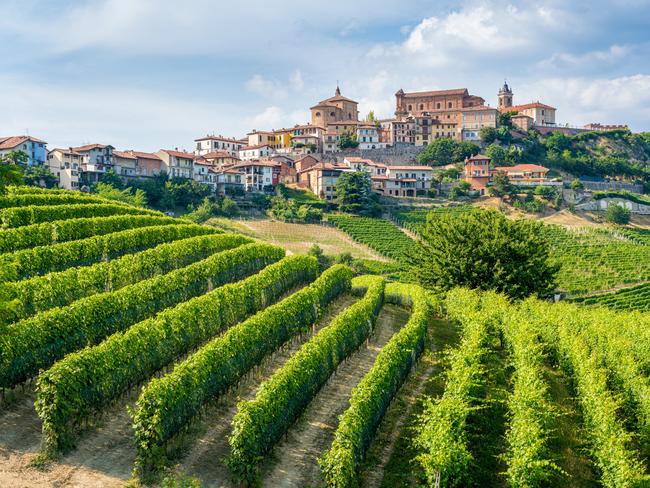 The beautiful village of La Morra and its vineyards in the Langhe region of Piedmont, Italy.