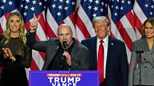 CEO of Ultimate Fighting Championship Dana White speaks alongside former US President and Republican presidential candidate Donald Trump during an election night event.