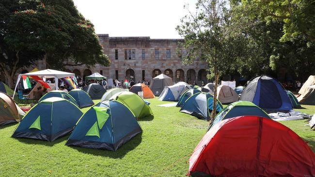 Pro-Palestinian protest camp, Great Court, UQ Campus, St. Lucia. Picture: Liam Kidston