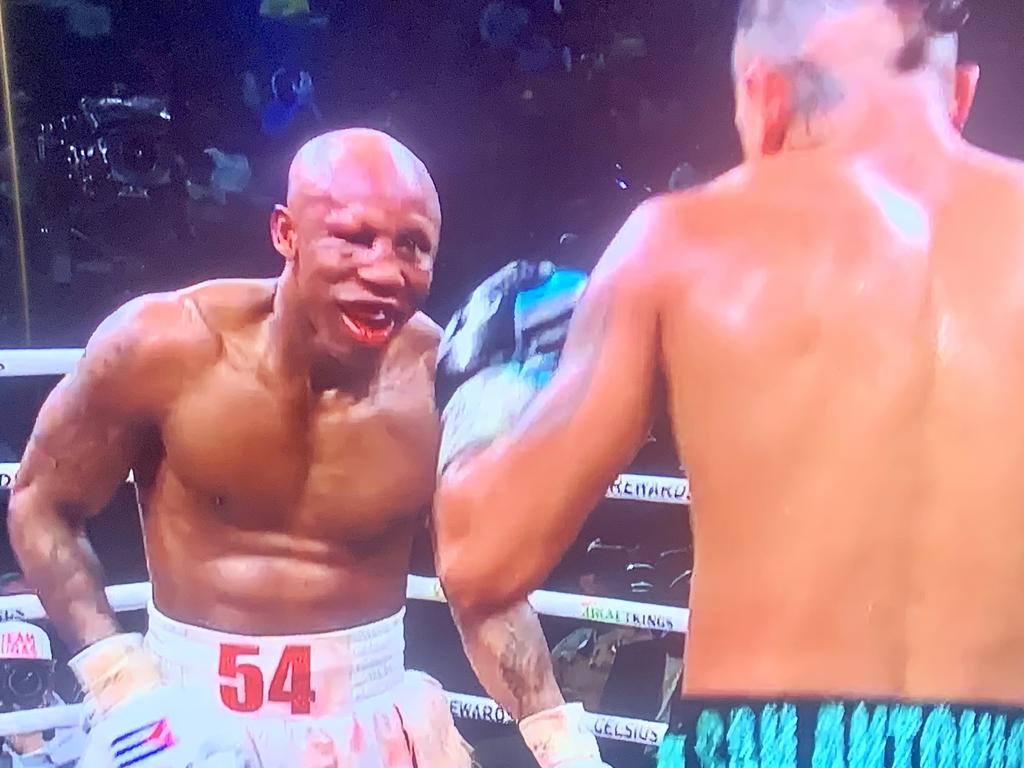 Yordenis Ugas still seems to be enjoying himself despite the heavy beating he copped from Mario Barrios. Photo: Fox Sports