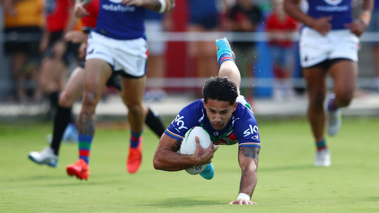 On loan from the Broncos to the Warriors, Jesse Arthars has run riot against his former team, scoring two tries in the opening half. Picture: Getty Images.