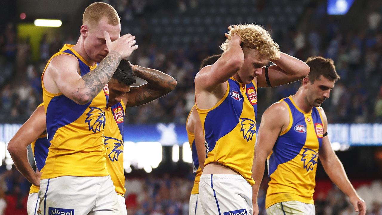 The West Coast Eagles will hit a club record low of 10 straight losses if they can’t rebound in Round 2. Picture: Daniel Pockett