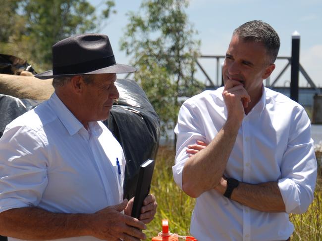 Murray Bridge Mayor Wayne Thorley chats with Premier Peter Malinauskas at Sturt Reserve on Monday. Photo: Dylan Hogarth