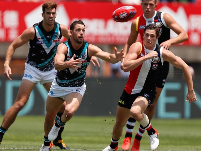 SHANGHAI, CHINA - JUNE 02: Travis Boak of the Power is and Jack Steele of the Saints in action during the 2019 AFL round 11 match between the St Kilda Saints and the Port Adelaide Power at Adelaide Arena at Jiangwan Stadium on June 02, 2019 in Shanghai, China. (Photo by Michael Willson/AFL Photos)