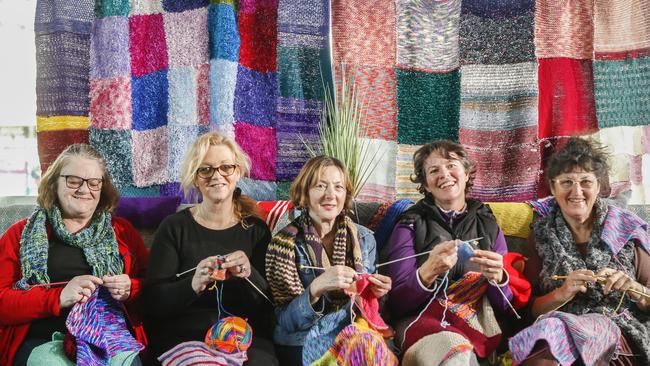 Knit-A-Row-And-Go members Julie Jessup, Mandy Lingard, Lisa Crichton, Di MacDonald and Carolyn Ketels are knitting the world’s biggest tea cosy. Picture: Valeriu Campan