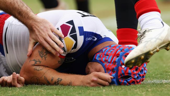 Kalyn Ponga was knocked out early in Newcastle’s clash with Wests Tigers, his fourth concussion in 12 months. Picture: Getty Images