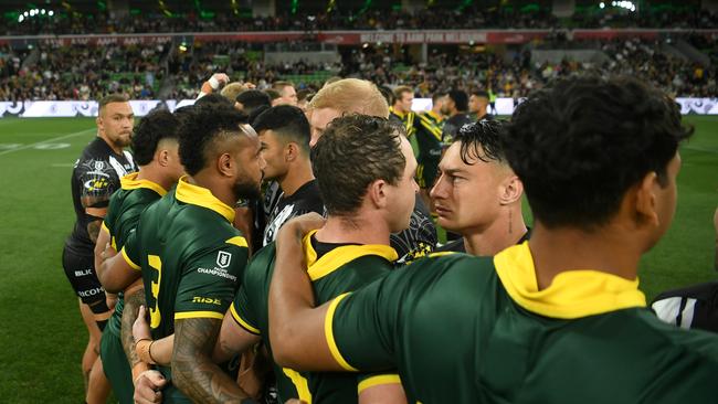 The Kiwi's stared down the Kangaroos after an intense haka before the game. Picture: NRL Imagery.