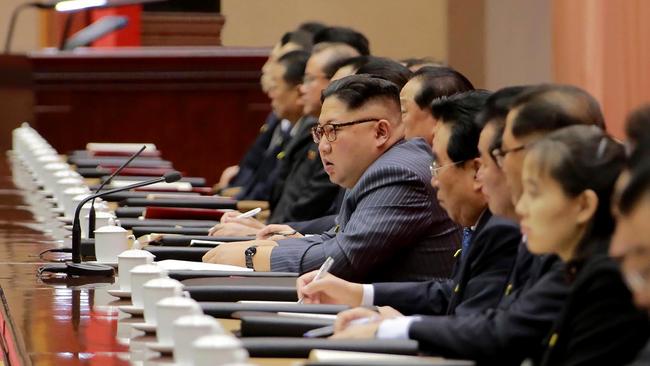 North Korean leader Kim Jong-un (C) speaking during the 5th Conference of Cell Chairpersons of the Workers' Party of Korea (WPK) in Pyongyang. AFP