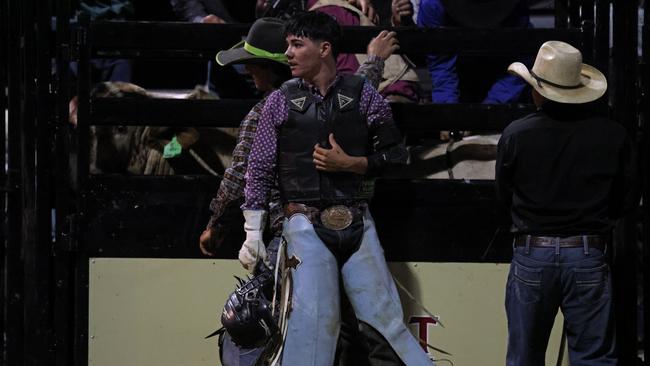 Townsville rider Dallon Finch took out the Novice Bull Ride in the Great Northern Bull riding Series at Queensland's Mossman Showgrounds, near Port Douglas, on September 28 2024. Picture: Stephen Harman