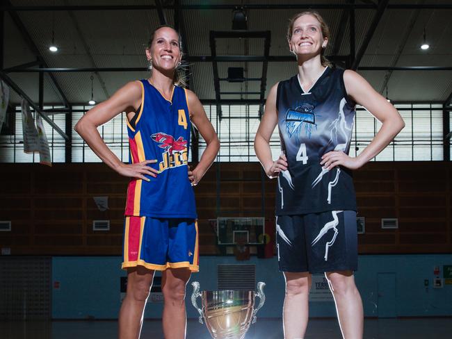 Tracy Village’s Kylie Duggan Lightning’s Claire Maree O’Bryan ahead of the 2020 Women’s Darwin Basketball Championship Final. Picture: Glenn Campbell