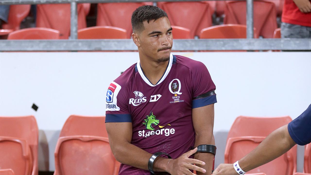 Reds centre Jordan Petaia after limping off injured against the Crusaders at Suncorp Stadium. Photo: Chris Cutler, Sportography