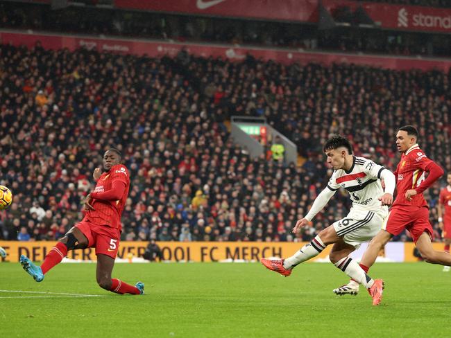 Lisandro Martinez scores the opening goal against Liverpool. Picture: Carl Recine/Getty Images