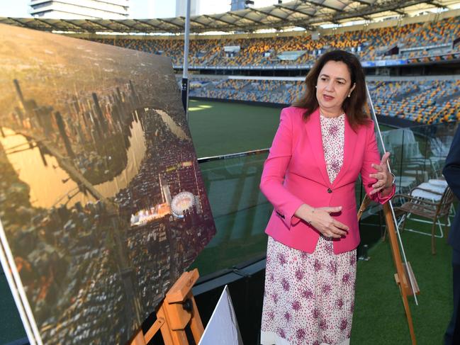 Premier Annastacia Palaszczuk look at an artist’s impression of the Gabba rebuild.