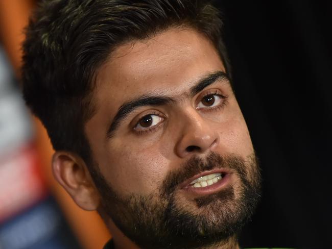 Pakistan cricketer Ahmed Shehzad speaks at a press conference in Sydney on February 8, 2015, ahead of the 2015 Cricket World Cup which will be jointly hosted by Australia and New Zealand from February 14 to March 29. AFP PHOTO / Peter PARKS IMAGE RESTRICTED TO EDITORIAL USE - STRICTLY NO COMMERCIAL USE