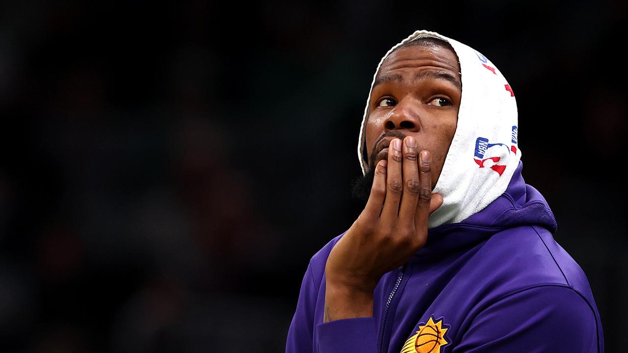 BOSTON, MASSACHUSETTS - MARCH 14: Kevin Durant #35 of the Phoenix Suns looks on from the bench during the second quarter against the Boston Celtics at TD Garden on March 14, 2024 in Boston, Massachusetts. NOTE TO USER: User expressly acknowledges and agrees that, by downloading and or using this photograph, user is consenting to the terms and conditions of the Getty Images License Agreement. (Photo by Maddie Meyer/Getty Images)