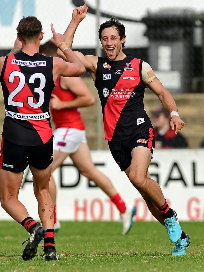 West's Kaine Stevens celebrates a goal with Errin Wasley-Black. Picture: Tom Huntley