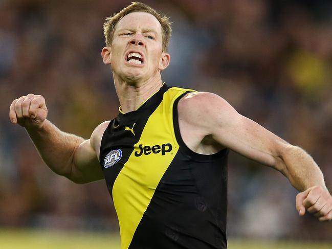 AFL Round 6. 29/04/2018. Collingwood v Richmond at the MCG.  RichmondÕs Jack Riewoldt celebrates his goal in the fourth quarter  . Pic: Michael Klein