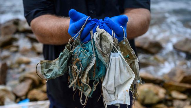 The surge in mask wearing during the coronavirus pandemic has thrown up a potent new threat to wildlife due to people thoughtlessly discarding the protective gear. Picture: Anthony Wallace/AFP