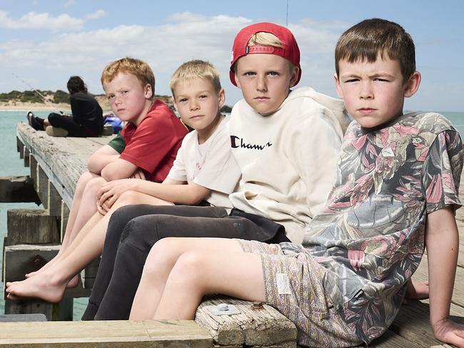 Locals, Oliver Turner, 6, Riley Gray, 8, Khai Tinwell, 9, and Mason Turner, 7, in Port Elliot, where the Horseshow Bay pontoon has been removed, Sunday, Nov. 17, 2024. Picture: Matt Loxton