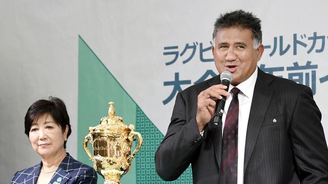 Japan coach Jamie Joseph speaks alongside Tokyo governor Yuriko Koike and the Rugby World Cup.