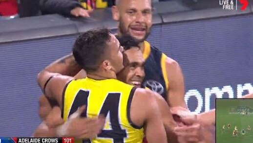 Eddie Betts and Sydney Stack celebrate