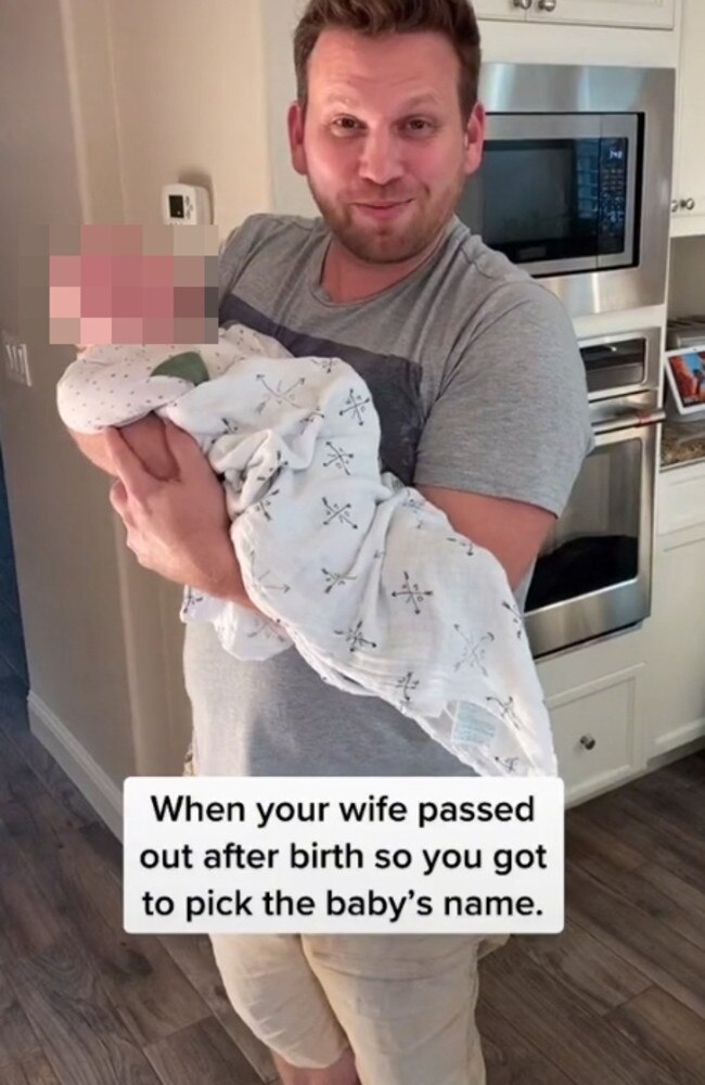 Jeff Weiss named their sixth baby while his wife was passed out after a difficult labour. Picture: theweisslife/TikTok